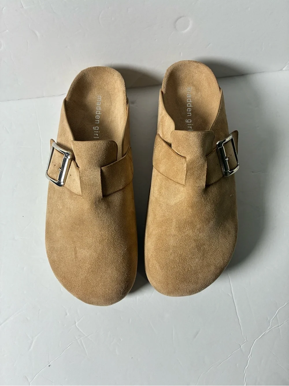 Madden Girl Tan Suede Slip-On Clogs with Silver Buckles